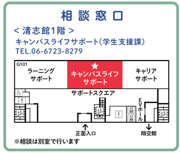 相談窓口 ＜清志館1階＞キャンパスライフサポート（学生支援課） TEL：06-6723-8279 ※相談は別室で行います